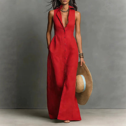 Women Maxi Dress Sleeveless Lapel Collar Button Down Shirt Dress With Pockets Deep V Neck Summer Beach Vacation Long Sundress