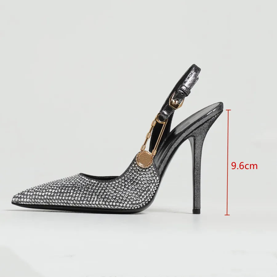 Women Shoes Luxury Rhinestones Sequined Buckle High Heels Elegant Pointed Toe Slingbacks Stiletto Shoes for Women Fashion Shoes