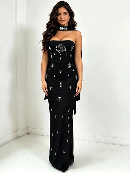 Sexy Strapless Luxury Rhinestones Bandage Dress Women with Scarf Black Sleeveless Diamonds Beading Bodycon Dresses...