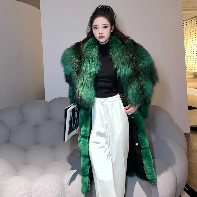 2023 New Winter Women Real Rex Rabbit Fur Coat Long Luxury Jacket with Super Large Raccoon Fur Collar Ladies Fashion Overcoat
