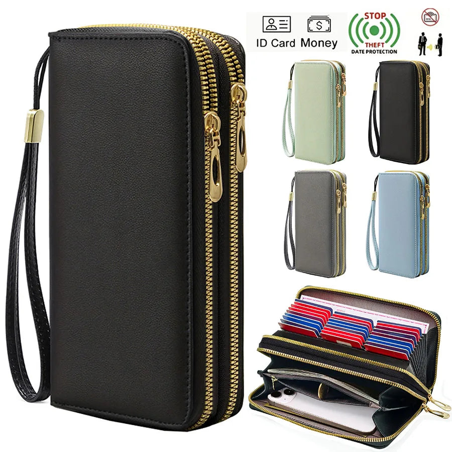 Fashionable RFID anti-theft new women's long wallet with dual zippers, multifunctional credit card bag, coin and change...