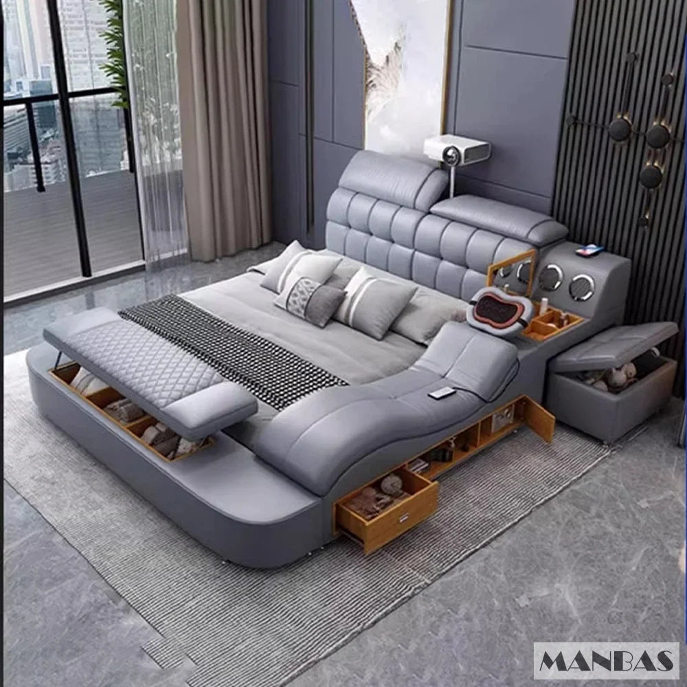 MINGDIBAO Luxury King Size Genuine Leather Bed / Tech Smart Bed / Multifunctional Ultimate Beds / Massage Bed with USB,Projecter
