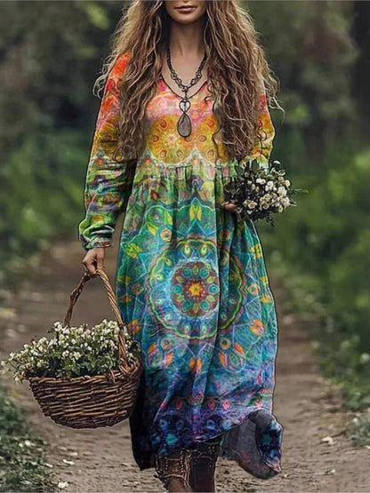 Boho Vintage Print Long Dresses For Women 2025 Casual V Neck Full Sleeve Splice High Waist Loose Dress Autumn Fashion Vestidos - Kimlud