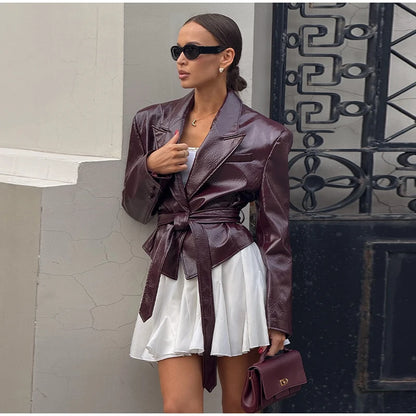 Vintage Pu Leather Belted Jackets Women's Slim Full Sleeve Lapel Short Overcoat 2025 New Autumn Winter Ladies Solid Streetwear