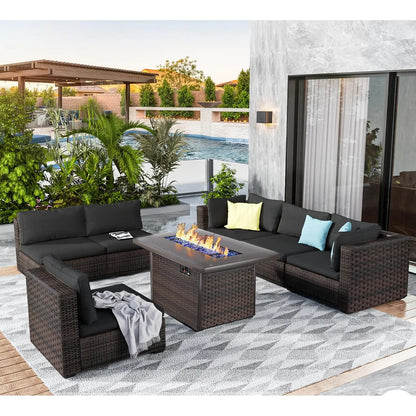 7 Pieces Outdoor Sectional Patio Furniture Set with Fire Pit Table PE Rattan Wicker Patio Sectional Conversation,...