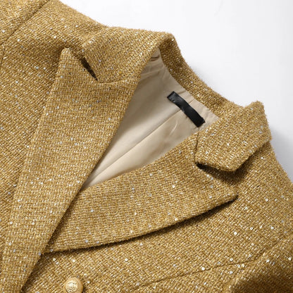 Elegant V-neck Sequin Blazer Women Double Breasted Full Sleeves Solid Slim Jackets Lady 2025 Autumn Formal Female Outwears New