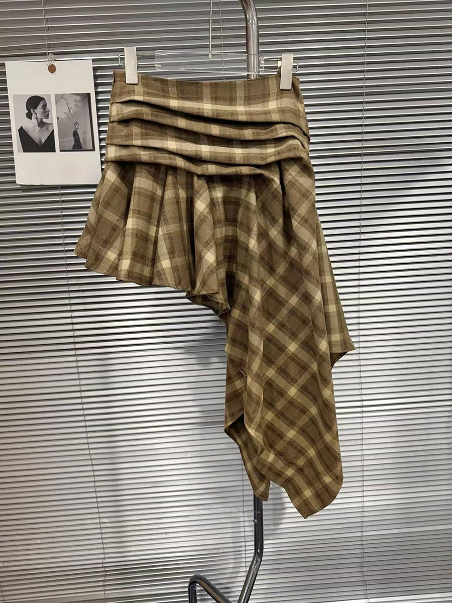 TWOTWINSTYLE Chic Boho Asymmetric High Low Skirt for Women Plaid Tartan Wrap Ruched Waist Handkerchief Hem Ruffle Mini for Daily - Kimlud
