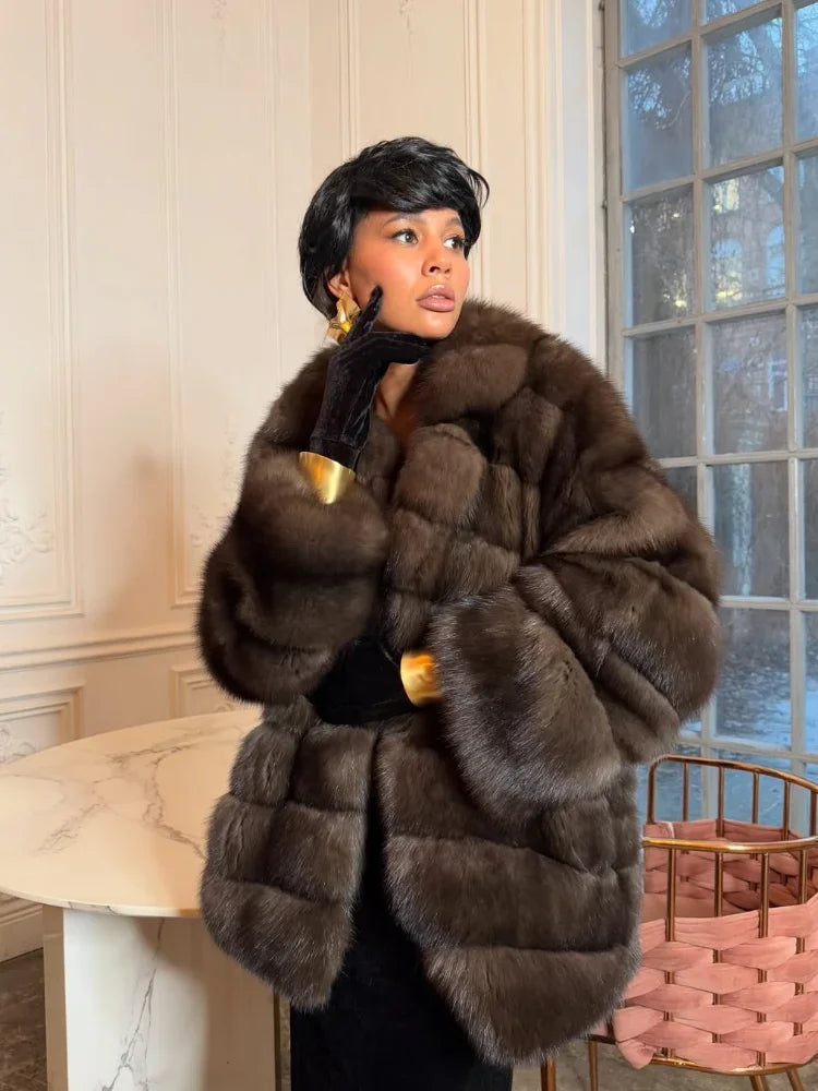 Fashion Patchwork Faux Fur Coat Women Casual Full Sleeve Lapel Loose Long Staple Plush Jacket 2025 New Winter Street Wear New