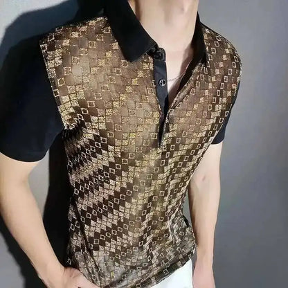 Black Gold Abstract Pattern Lace Sexy Polo See Quality Men Through Social Club Luxe Transparent Shirt Summer Short Sleeve Polo - Kimlud