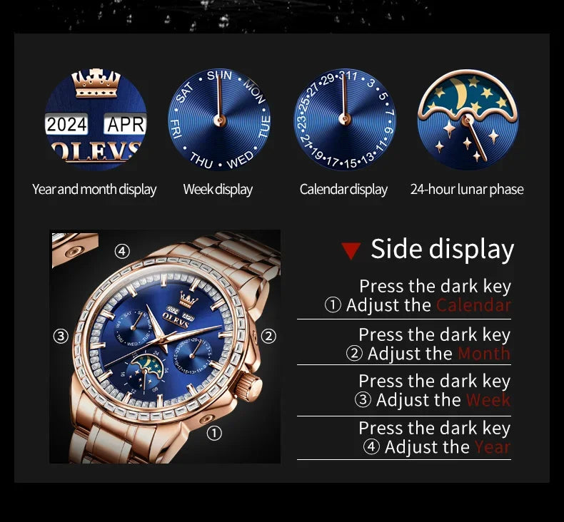 OLEVS 6695 NEW Men's Watches Full Multifunctional Dial Blue Leather Strap Calendar Week Moon Phase Waterproof Wristwatch...