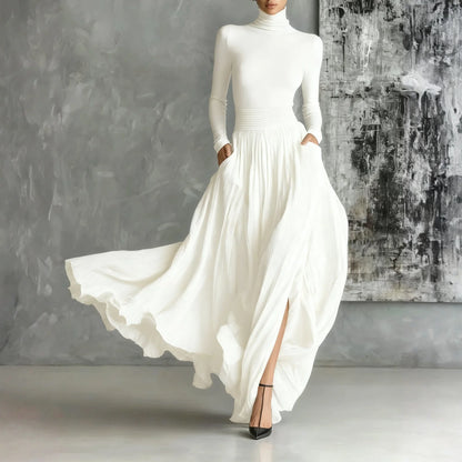 French Retro Elegant Light Luxury Slim-fit Dress for Women Turtleneck Long Sleeve Long Dresses Flowy Dress with a Large Skirt - Kimlud