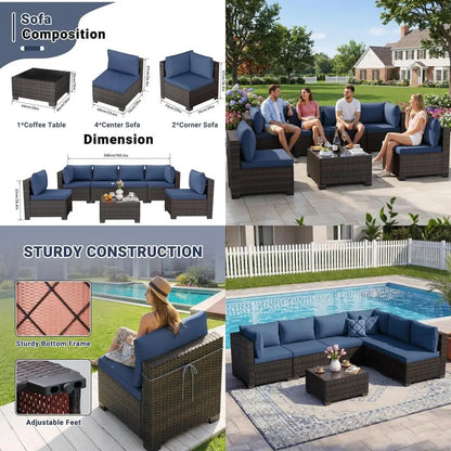 7-Piece Outdoor Patio Furniture Set, Rattan Wicker Sectional with Manual Weaving and Tea Table | Kimlud Outdoor Luxury Table