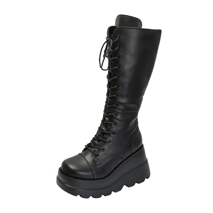 Women's Large Size 35-43 Boots New Round Toe Wedge Lace Thick Sole Zipper Mid-Tube Boots Hot Girl Style High-Enhanced Shoes