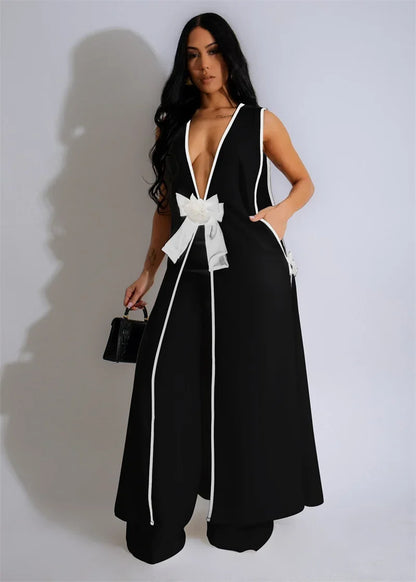 Bow Tie Appliques V-neck Sleeveless Long Top and Wide Leg Pants Matching Sets Women Two Piece Set Elegant Vintage Club Outfits - Kimlud