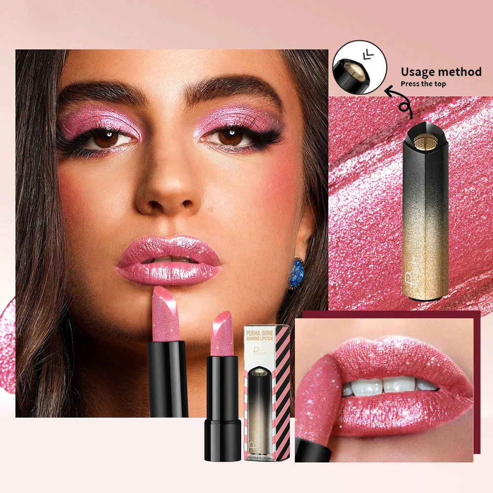 1 PC Glitter Lipstick, a pressable pearlescent lipstick, is very shiny like crushed diamond particles, smooth and long-lasting,
