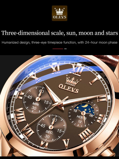 OLEVS 2871 Men Watch Original Brand Quartz Watch Multifunctional Chronograph Watch For Man Waterproof Luminous Moon...