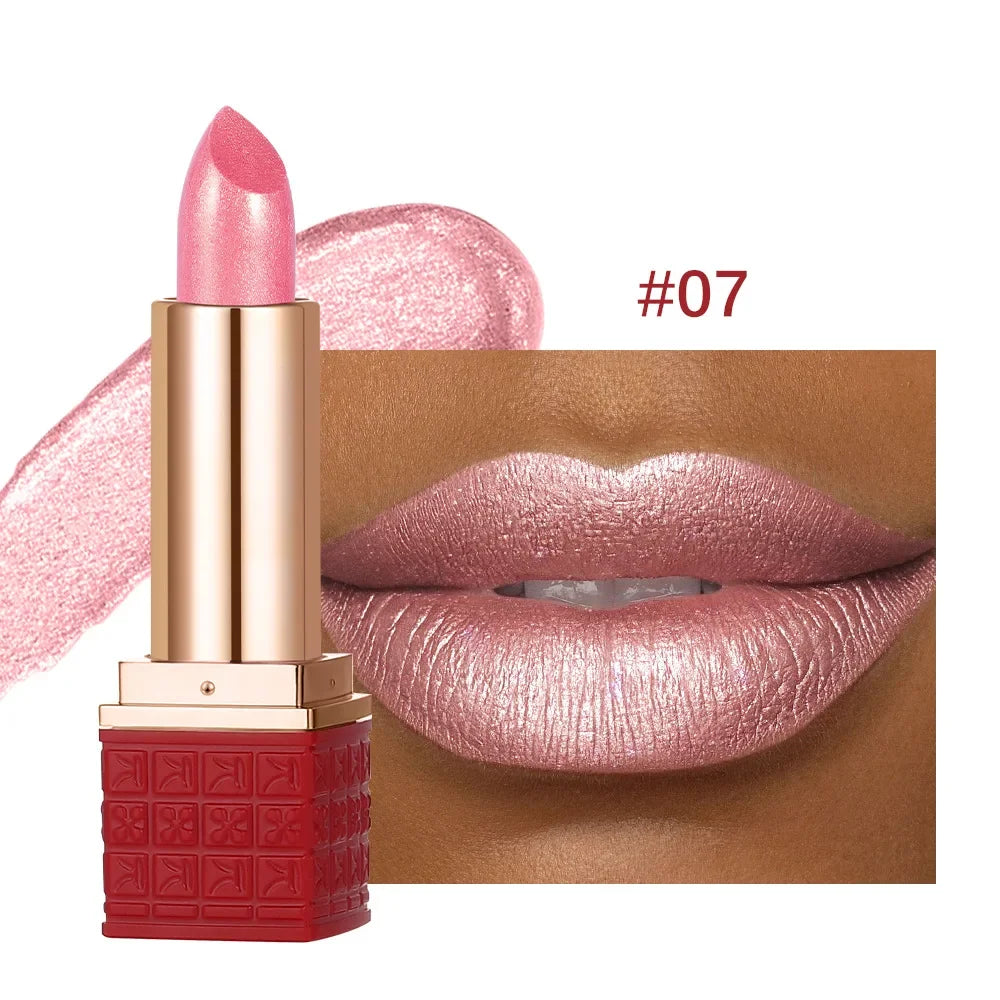 Rose Metallic Lipstick Glitter Lip Glaze Waterproof Long Lasting Moisturize Bright Red Pearlescent Shiny Lipgloss Makeup 6color