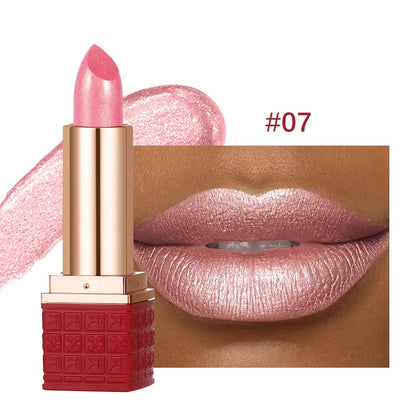 Rose Metallic Lipstick Glitter Lip Glaze Waterproof Long Lasting Moisturize Bright Red Pearlescent Shiny Lipgloss Makeup 6color