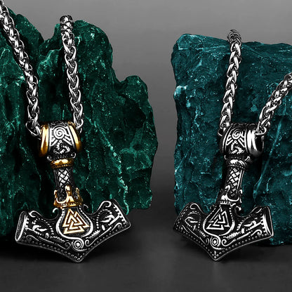 Nordic Mjolnir Valknut Rune Necklace Men's Amulet Pendant Stainless Steel Viking Scandinavian Vienna Pendant Necklace Gift