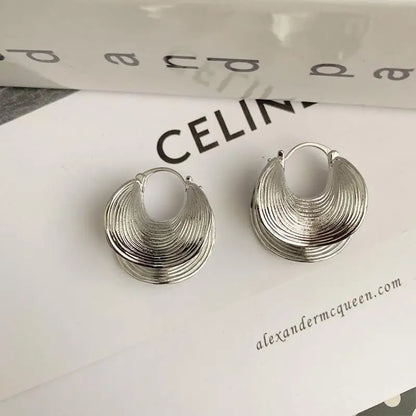 Unique Geometric Irregular Striped Large Ear Buckle Earrings for Women Creative Metal Gold Color Fan Shaped Earring...