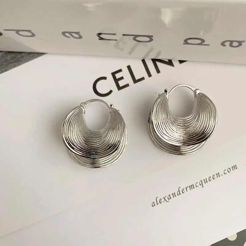 Unique Geometric Irregular Striped Large Ear Buckle Earrings for Women Creative Metal Gold Color Fan Shaped Earring...
