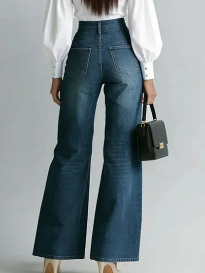 SHENGPALAE Women Denim Jeans High Waist Wide Leg Double Zipper Spliced Split Hem Vintage Streetwear Chic Autumn 2026 New...