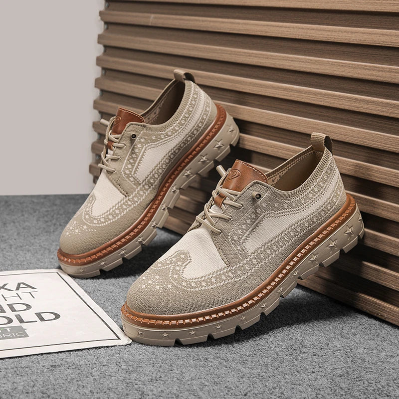 Men's Brogue Knit Oxford Sneakers, Breathable Lightweight Casual Dress Walking Shoes, Soft Cushion Non Slip Platform Fashion Sne