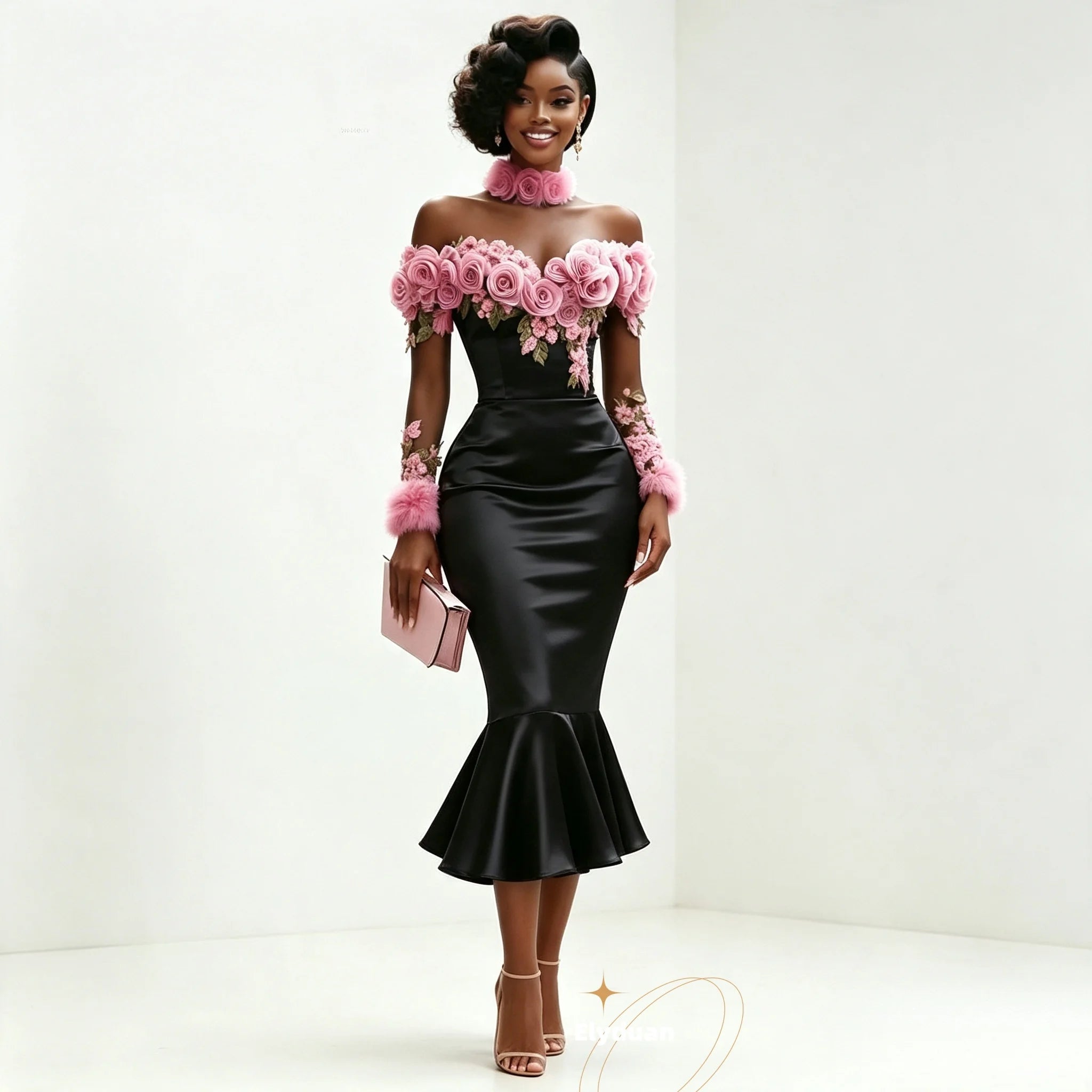 Black Midi Sheath Prom Dress Off Shoulder Long Sleeve Evening Gown Pink Rose Floral African Birthday Party Dress...