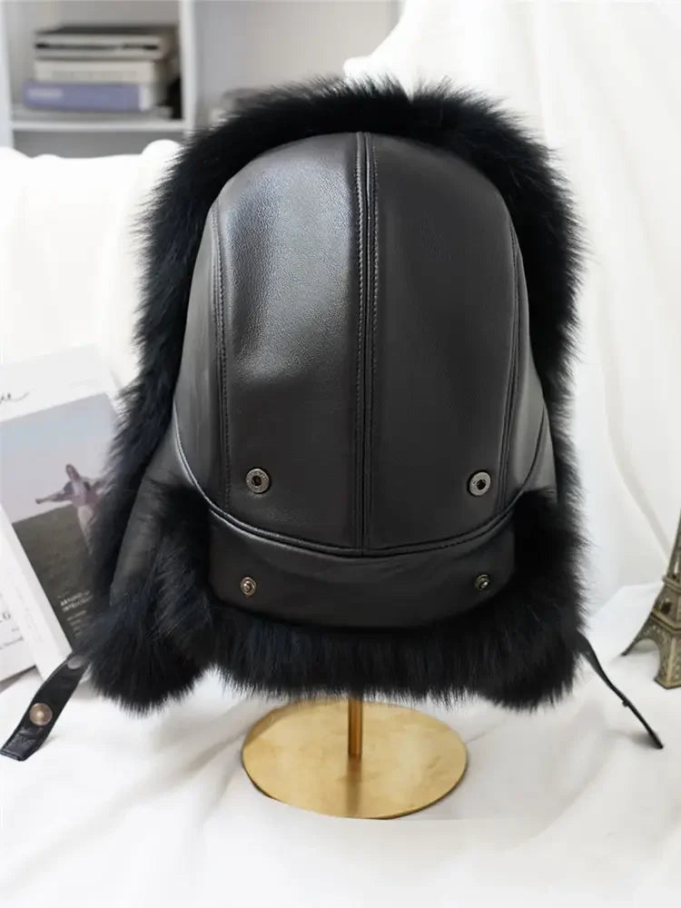 New Winter Men's 100% Real Silver Fox Fur Bomber Hat Raccoon Fur Ushanka Cap Trapper Russian Man Ski Hats Caps Real Leather Top - Kimlud