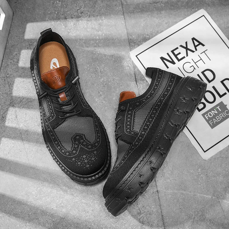 Men's Brogue Knit Oxford Sneakers, Breathable Lightweight Casual Dress Walking Shoes, Soft Cushion Non Slip Platform Fashion Sne