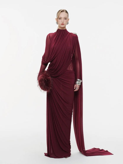 Sexy Long Sleeve O Neck Pleated Draped Long Dress Women Burgundy Mesh Patchwork Folds Slim Runway Celebrity Evening...