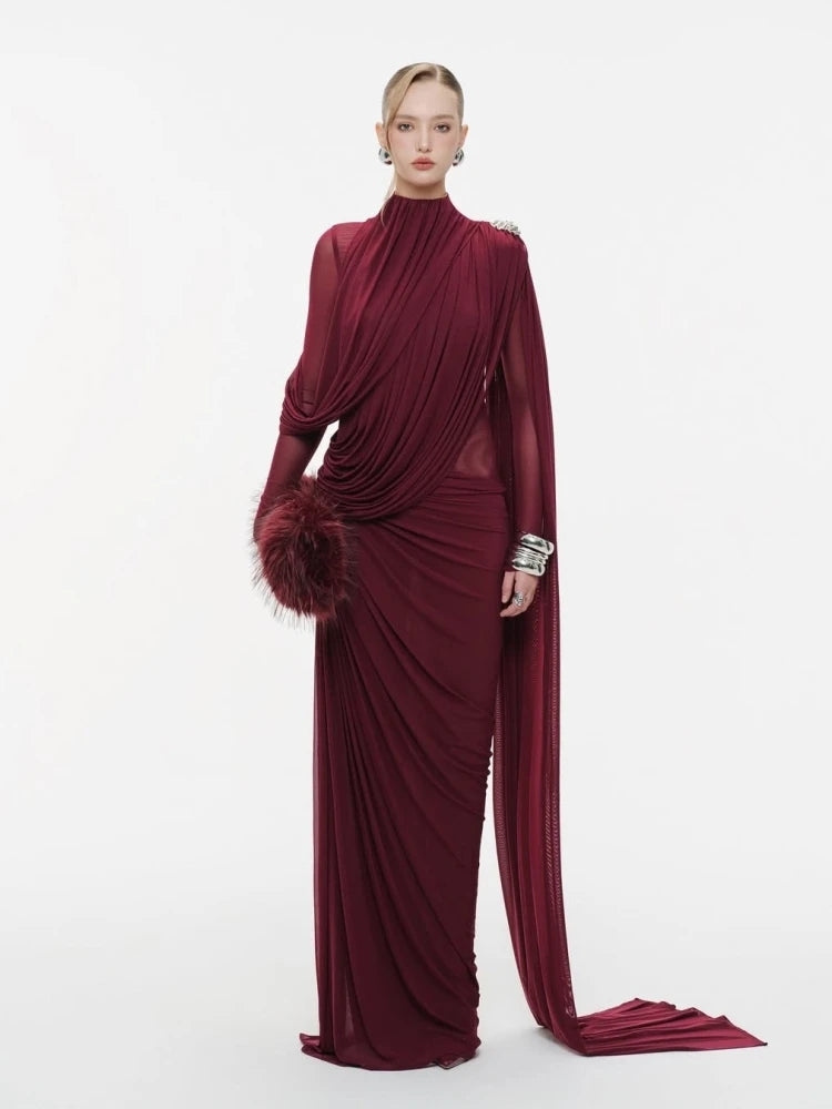 Sexy Long Sleeve O Neck Pleated Draped Long Dress Women Burgundy Mesh Patchwork Folds Slim Runway Celebrity Evening...