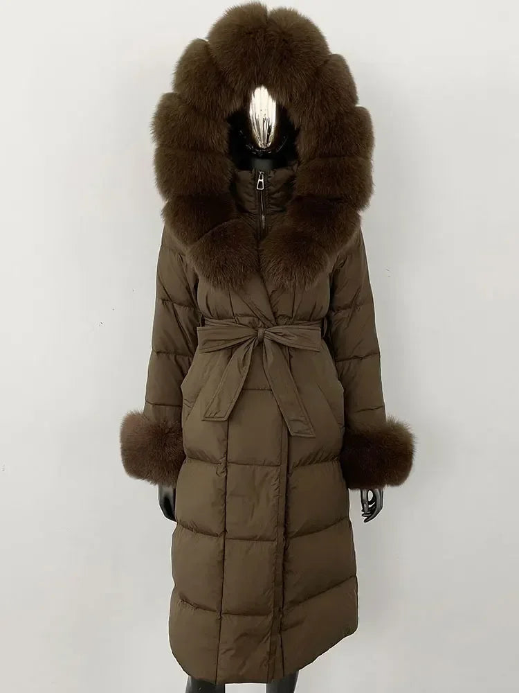 CXFS New Real Raccoon Fox Fur Collar Hooded Natural Long Winter Jacket Women 90 White Duck Down Coat Thick Warm Casual Outerwear