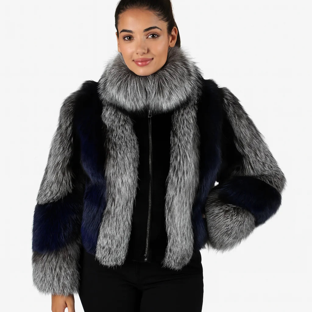 Women's Real Red Fox Fur Jacket With Silver Fox Collar Coat Thick Warm and Fashionable in Winter 23A0616