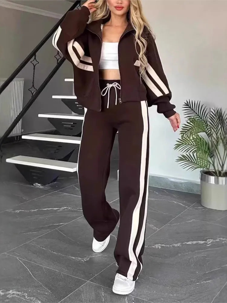 Fashion Long-sleeved Stand-up Collar Zipper Top + Wide-leg Pants 2-piece Set Women Autumn Striped Splicing Sport Suit...