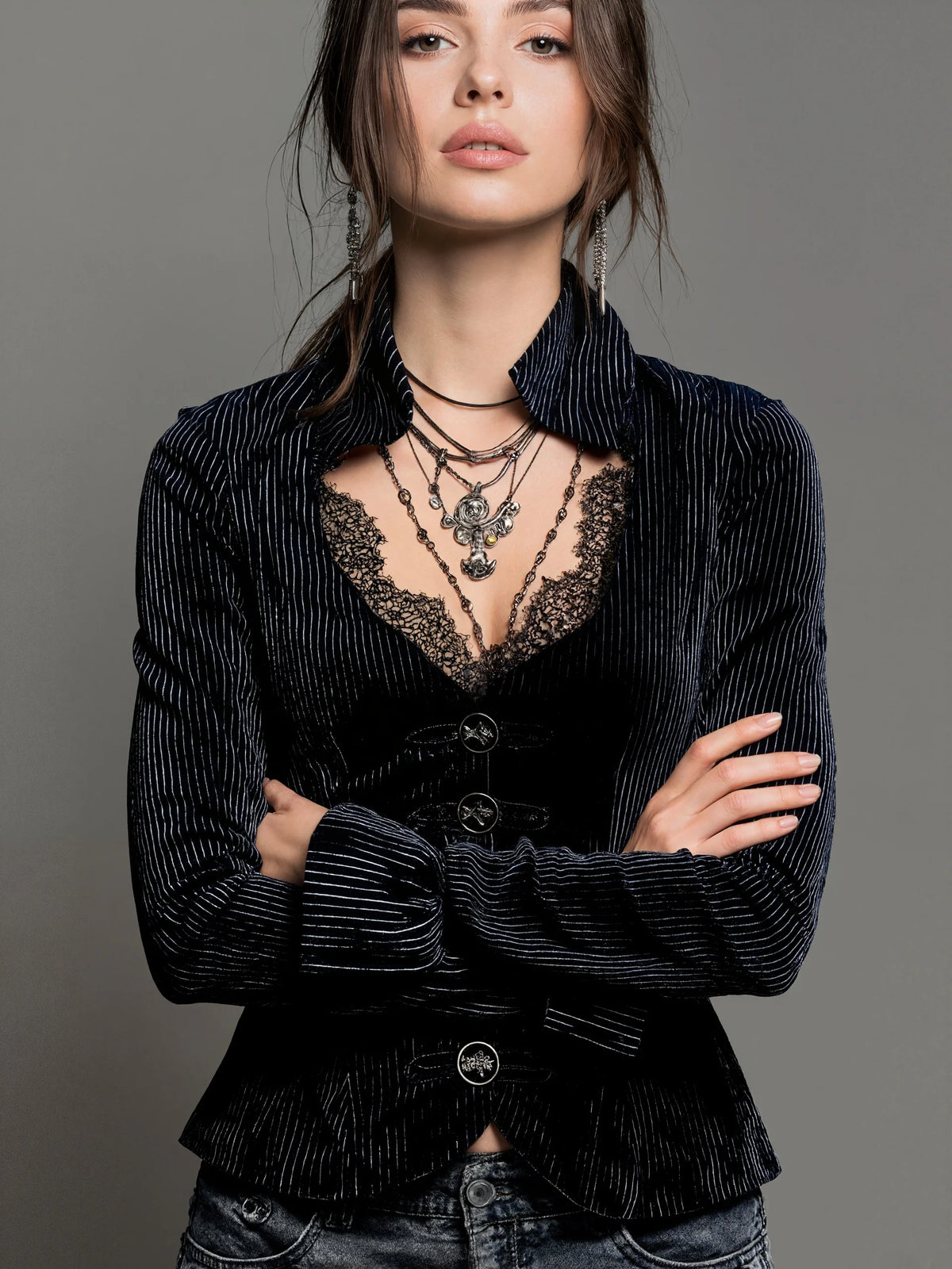 Women Striped Velvet Blouse Tops Elegant Vintage Casual Single Breasted Lace Flare Sleeve Slim Stand Collar Solid Gothic Tops
