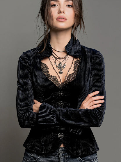 Women Striped Velvet Blouse Tops Elegant Vintage Casual Single Breasted Lace Flare Sleeve Slim Stand Collar Solid Gothic Tops