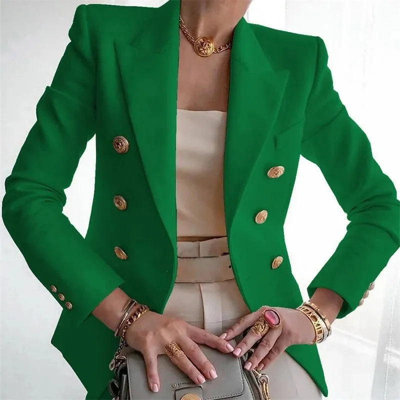 Women's Elegant Metal Buckle White Suit Jacket Casual Office lady Blazer High-end Feel Western-style Clothe
