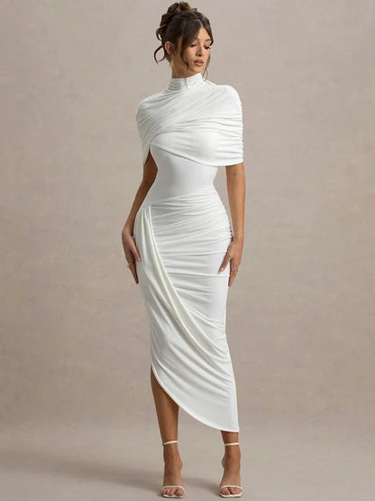 Half Sleeve Backless Ruched Sexy Maxi Dress Women Summer New Turtleneck Slim High Waist Evening Club Party Long Dress