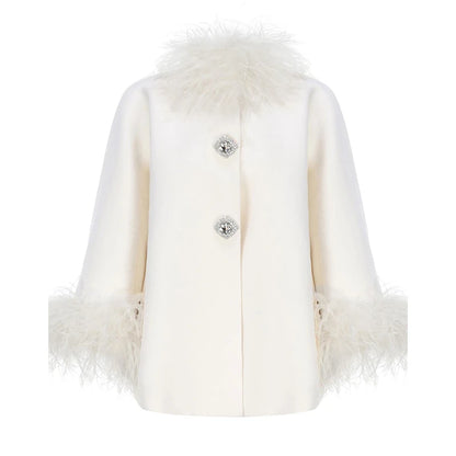 Elegant Feather Spliced Women's Coat Loose Feather Cuff Collar Lady Poncho Outwear 2024 Winter High Street Jacket New In Coats