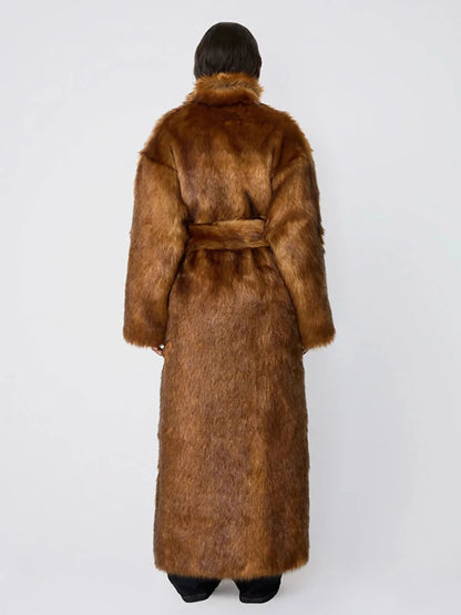 DEAT Fashion Brown X-long Faux Fur Coat Women's Lapel Loose Long Sleeves Sashes Plush Thick Overcoat Winter New 7A1470