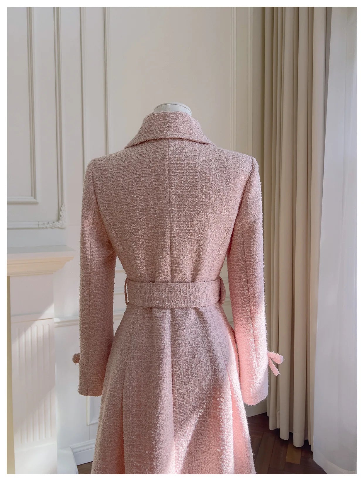 IEQJ Fashion Autumn Pink Woolen Coat Women Turn-Down Collar Double Breasted Sashes Tighten Waist Slim Blends Coat New