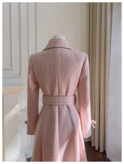 IEQJ Fashion Autumn Pink Woolen Coat Women Turn-Down Collar Double Breasted Sashes Tighten Waist Slim Blends Coat New