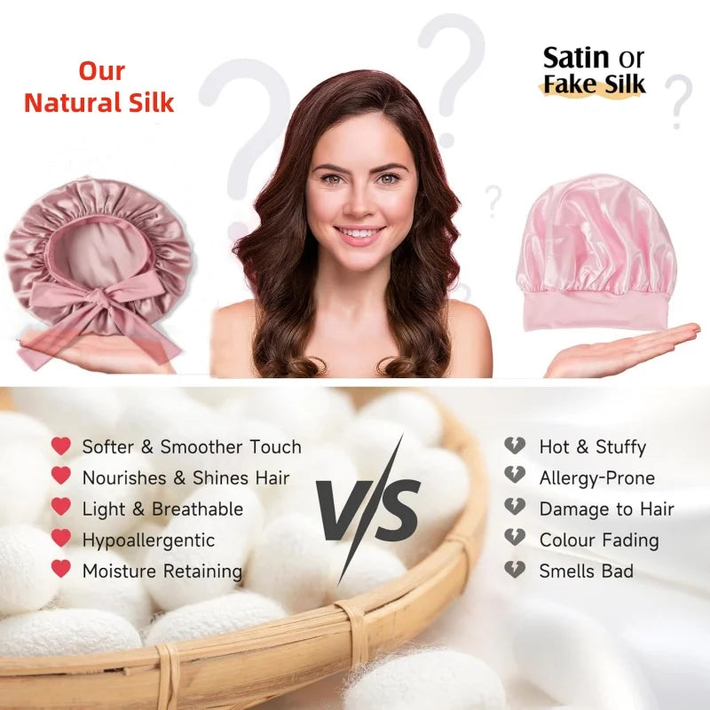 100% 19 Momme Mulberry Silk Bonnet for Sleeping Wome with Larger Double Layer Silk Hair Wrap for Curly Short Long Hair Non-Slip