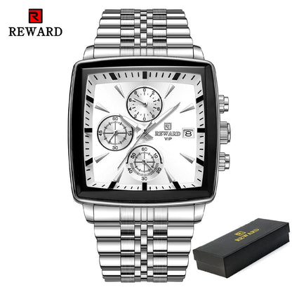 REWARD Fashion Square Dial Watch for Men Stainless Steel Waterproof Quartz Chronograph Mens Watches Luxury Sport Male Clock