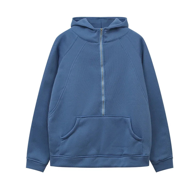 Half Zipper Hooded Short Plush Sweater, Casual Sports Sweater, New Fashion, Autumn, Winter, 2024 - Kimlud