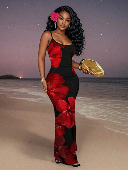 Womens Floral Print Elegant Waist Cinched Long Strap Dress For Party,Summer Dresses For Women