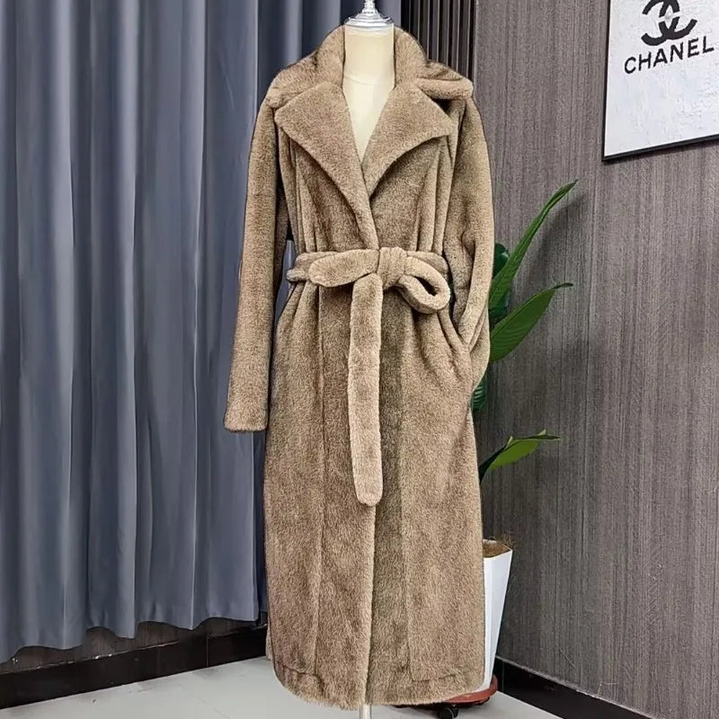 Tuularose Faux Fur Long Coat Women's Lace-up Thickened Long Fur Coat Jacket 2025 Winter Fluffy Plush Warm Lapel Vintage...