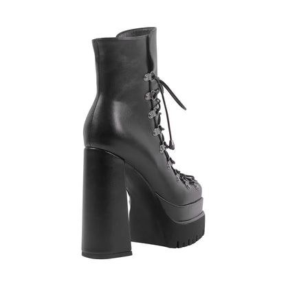Onlymaker Double Platform Punk Boots Side Zipper Lace-up Fashion Matte Ankle Boots