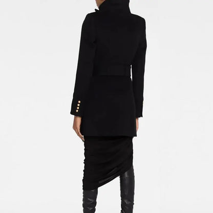 Women New Winter Black Wool Coat Gold Double Breasted Long Sleeve Coat